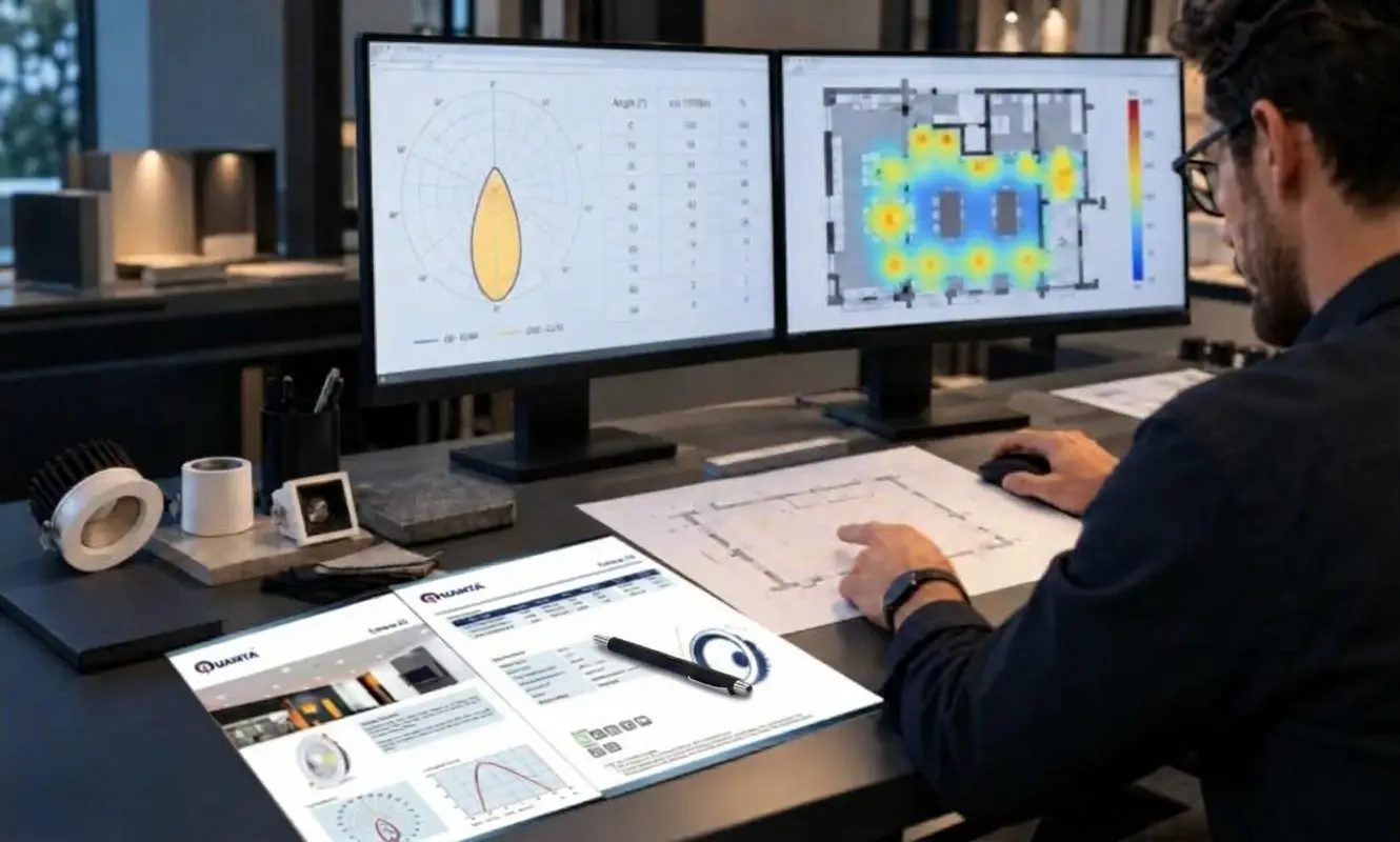 Lighting designer reviewing lux calculations, a lighting layout and QUANTA product datasheets beside unpowered fixture samples